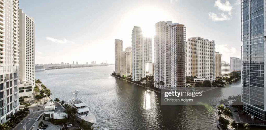 View onto Brickel Key, Miami skyline at sunrise.