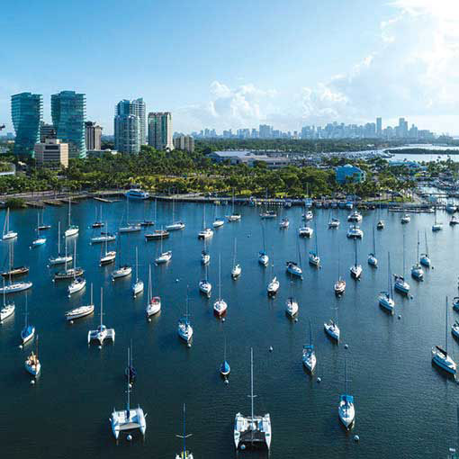 Arial view of Coconut Grove bay with a large group of boats anchored on the shore.
